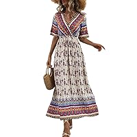 ZOCAVIA Cotton Linen Dress for Women Summer Casual Button Boho Floral Sundress Beach Long Dress Vintage Loose Maxi Dresses