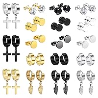 OIDEA 12/14/15/18 Pairs Earrings for Men: Stainless Steel Mens Earrings Stud Cross Dangle Hoop Earrings Set Jewelry Gift for Men Women