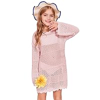 Batermoon Girls Crochet Long Sleeve Swimsuit Cover Up Kids Fashion Hollow Out Swimwear Beach Dress 5-14 Years