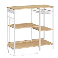 VASAGLE Baker's Rack, Coffee Bar Stand with Charging Station, Storage Shelves, Pull-Out Wire Basket, Table for Microwave, Kitchen, Oak Beige UKKS036Y09, 15.7 x 35.4 x 35.6 Inches