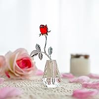 H&D HYALINE & DORA Crystal Rose Figurine Ornament Glass Flower Bouquet with Vase Tabletop Decorations Wedding Anniversary Valentines Gift for her (Red Rose with Sliver Metal Stem)