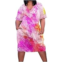 Plus Size Dress for Women V Neck Printed Summer Casual Sundress with Pocket Knee Length Short Sleeve Midi Dress L-5Xl
