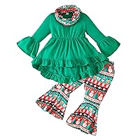 Emmababy Christmas Outfits Toddler Girl Ruffle Sweatshirt Kids Flare Leggings Baby Long Sleeve Shirt Bell Bottoms Scarf Set