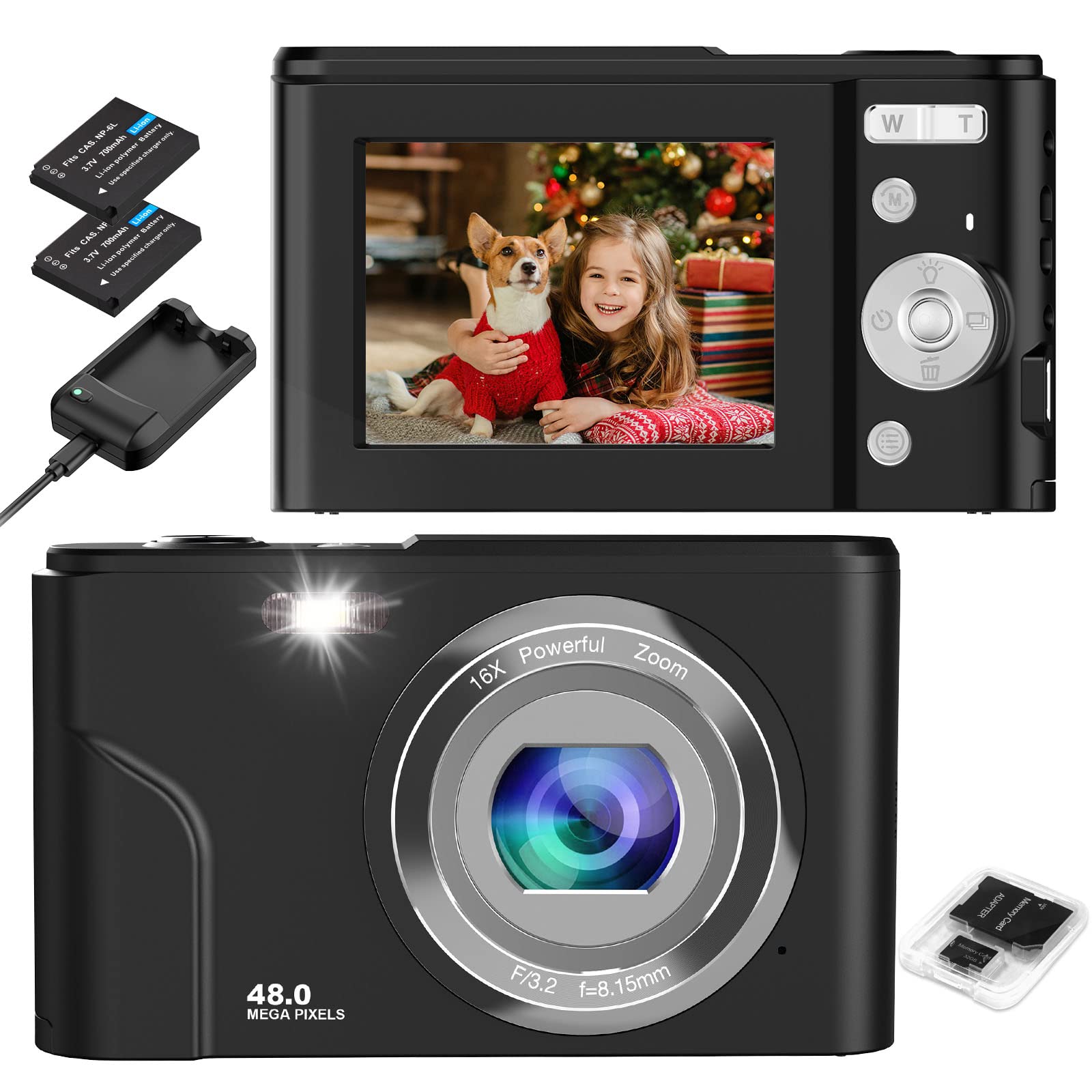 Digital Camera, Mini Kids Camera Autofocus FHD 1080P 48MP 16X Zoom LCD Screen with 32GB TF Card 2 Batteries & Charger Compact Portable Camera for Teen