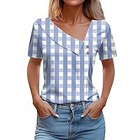 Womens T Shirts Striped Casual Fashion Ruched Tunic Blouses Short Sleeve Button Skew Collar Summer Tops