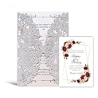 50x Elegant Silver Butterfly Wedding Invitations Cards 5x7, Laser Cut Lace Hollow Floral Invites Cardstock with Envelopes for Quinceanera Graduation Birthday Bridal Shower Personalised