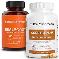 Real Mushrooms RealBoost (60ct) and Cordyceps (120ct) Capsules Bundle - Mushroom Supplement for Energy, Vitality & Endurance - Energy Vitamins w/Ginseng, Guayusa - Vegan, Non-GMO