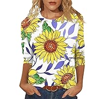 3/4 Sleeve Tops for Women Round Neck Sunflower Printed Tees Trendy Cute T-Shirt Comfy Loose Fit Tops Casual Shirts