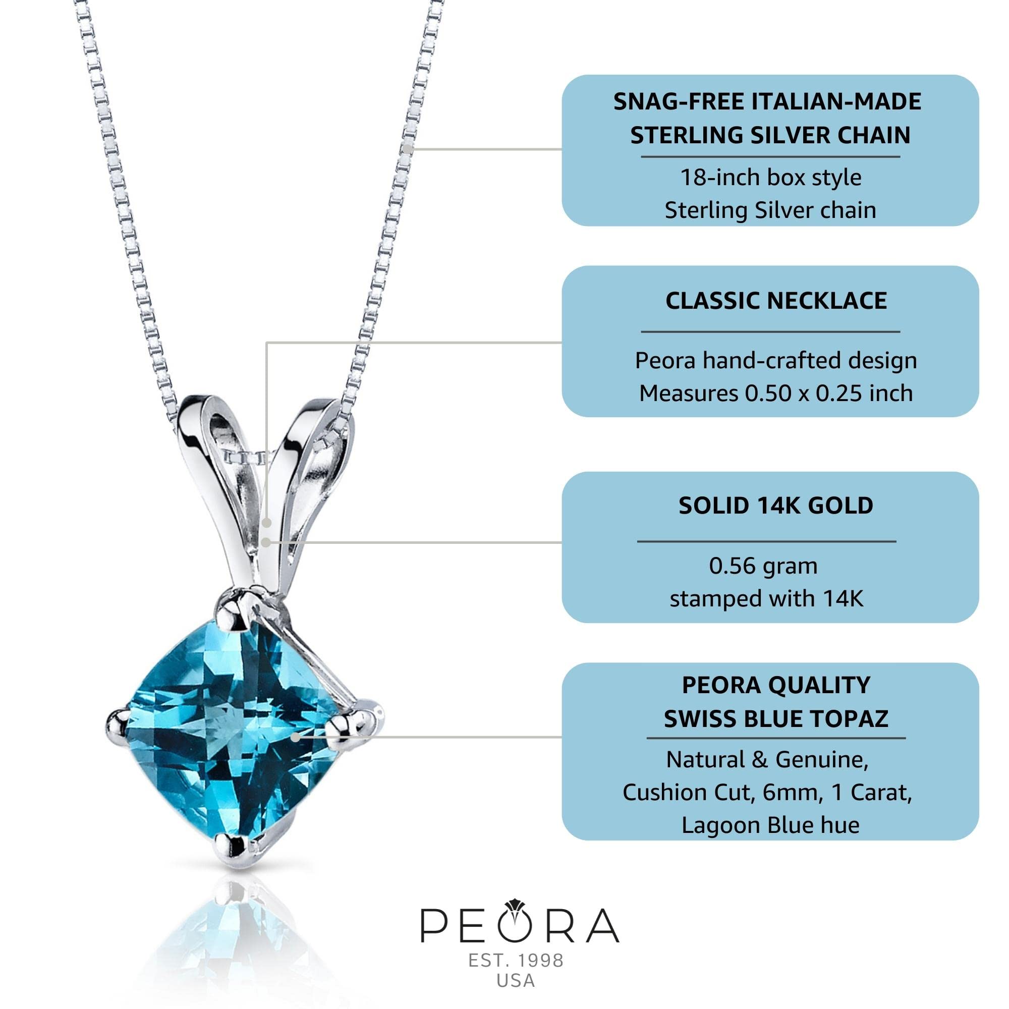 Peora Swiss Blue Topaz Pendant for Women 14K White Gold, Genuine Gemstone Birthstone Classic Solitaire, Cushion Cut, 6mm, 1 Carat