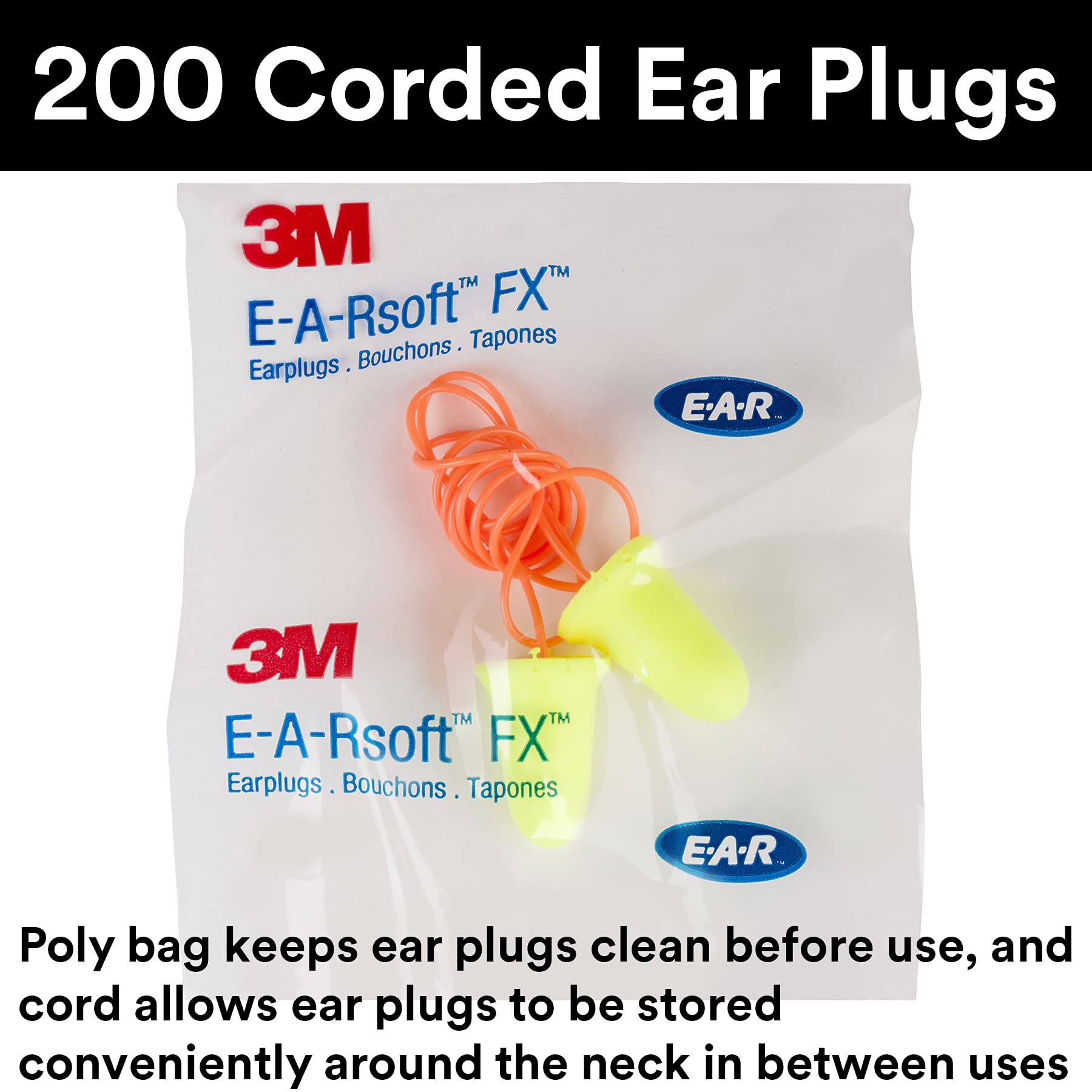3M Ear Plugs, 200/Box, E-A-Rsoft FX 312-1260, Corded, Disposable, Foam, NRR 33, Drilling, Grinding, Machining, Sawing, Sanding, Welding, 1/Poly Bag,Yellow