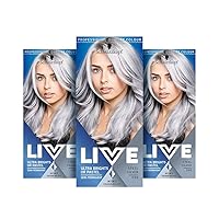 LIVE Ultra Bright or Pastel Grey Hair Dye, Pack of 3, Semi-Permanent Colour lasts up to 15 washes- 098 Silver Steel