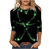 Womens St. Patricks Day Shirts Fashion Casual 3/4 Sleeves Tee Tops 2024 Funny Shamrock Print Crewneck Pullover