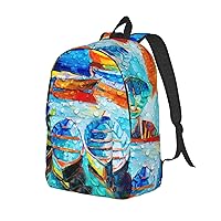 Canvas Backpack For Women Men Laptop Backpack Boats And Sea Oil Paintings Travel Daypack Lightweight Casual Backpack