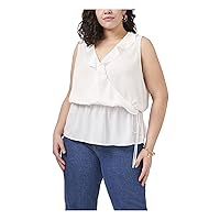 Vince Camuto Womens Ruffled Tie Faux-wrap Elastic-Waist Sleeveless Surplice Neckline Blouse