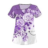 Flower Tops for Women,Women's Casual Printed Short Sleeve Workwear with Double Pocket Top Basic Shirts