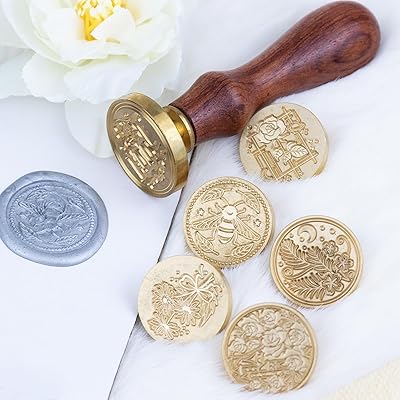 AJulyBee Wax Seal Stamp Set, 6 Pcs Copper Wax Stamps Heads + 1 Wooden Hilt,  Wax Stamp Kit for Cards, Envelopes and Gift Packaging, Wax Seal Kit with