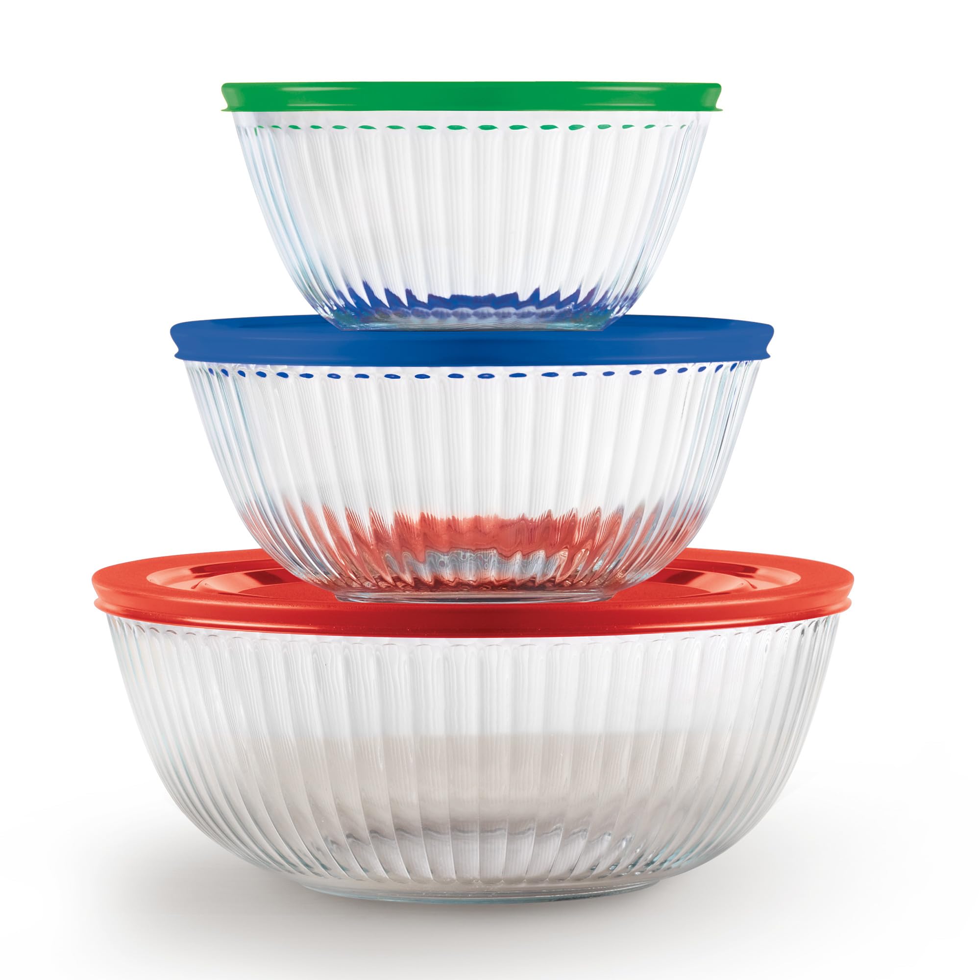 Pyrex Sculpted Large 6-Piece Glass Mixing Bowls, 1.3 QT, 2.3 QT, and 4.5 QT Prepping and Baking Food Storage Set, Dishwasher, Microwave and Freezer Safe