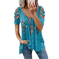 Andongnywell Womens Casual Summer Tunics Sexy V Neck with Zipper Loose Basic Short Sleeve Cold Shoulder Plus Size Top