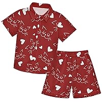 visesunny Boy Short Sleeve Aloha Hawaiian Shirt Set Boy Button Down Shirt Valentine Cute Cats Lovers Boy Summer Outfits