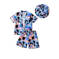 Floerns Boy's 3 Piece Outfits Tropical Print Shirts Track Shorts Set with Hat