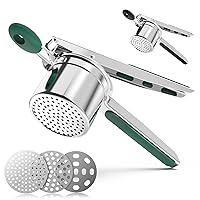 Potato Masher, Potato Ricer Stainless Steel, Efficient Heavy Duty Ricer Kitchen Tool for Fluffy Mashed Potatoes, 3 Replaceable Discs Spaetzle Press with Silicone Grip for Gnocchi Lefse Spinach