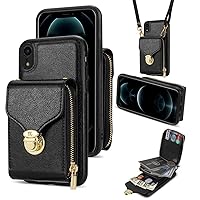 XYX Wallet Case for iPhone XR 6.1 Inch, PU Leather Zipper Handbag Purse Flip Case with Card Slots Holder Crossbody Adjustable Lanyard for iPhone XR, Black