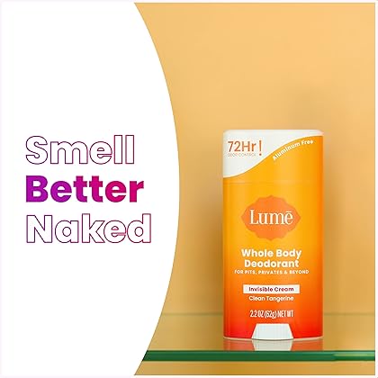 Lume Whole Body Deodorant - Invisible Cream Stick - 72 Hour Odor Control - Aluminum Free, Baking Soda Free, Skin Safe - 2.2 ounce (Clean Tangerine)