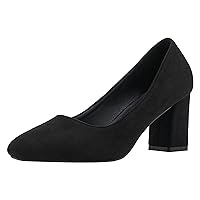 Women Daily Square Toe Pumps Shoes for Work Vintage Office Comfort Suede Leather Block High Heels