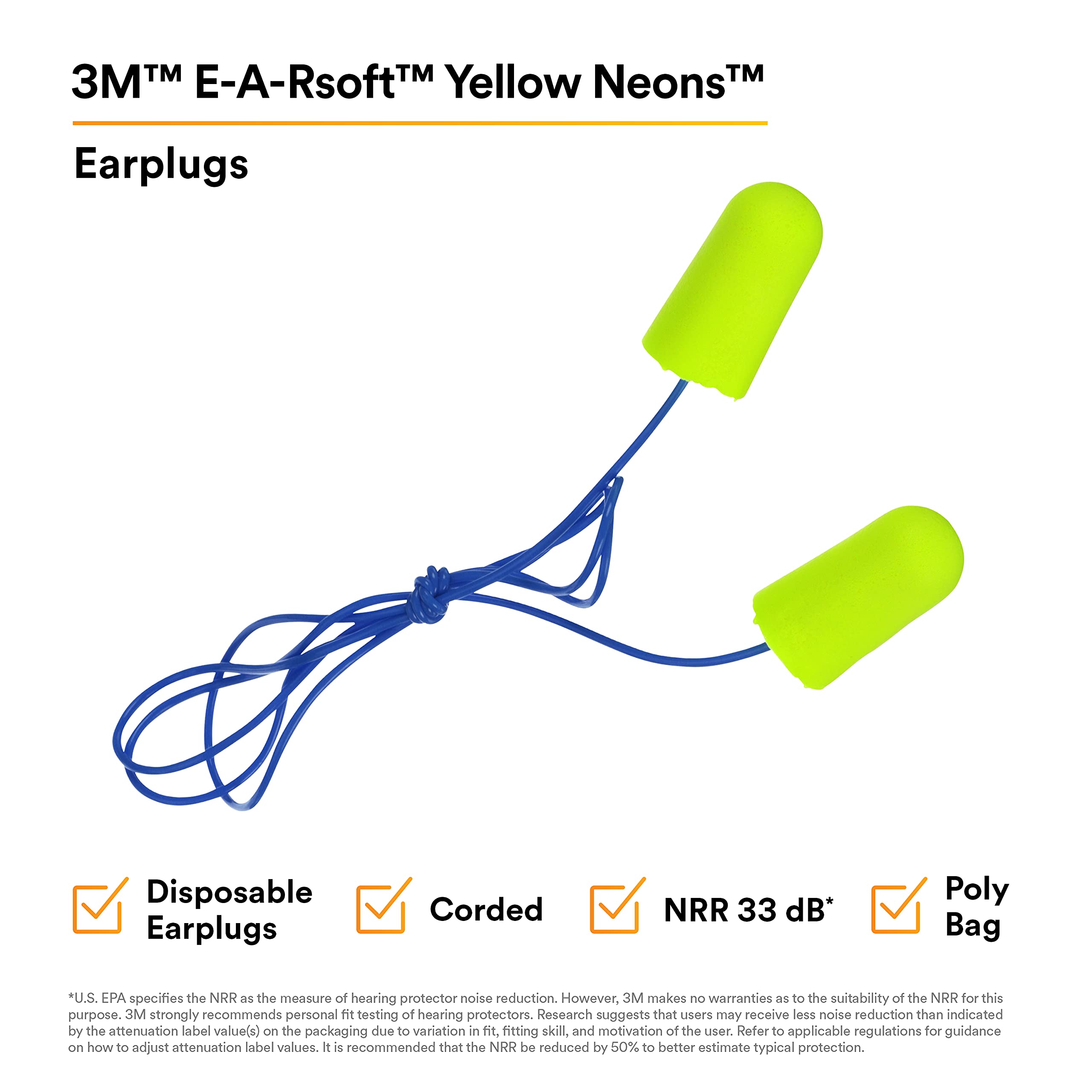 3M Ear Plugs, 200/Box, E-A-Rsoft Yellow Neons 311-1250, Corded, Disposable, Foam, NRR 33, Drilling, Grinding, Machining, Sawing, Sanding, Welding, 1/Poly Bag