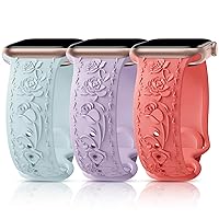 3 Packs Floral Engraved Bands Compatible with Apple Watch Band 40mm 41mm 38mm 42mm 44mm 45mm 49mm Women, Soft Silicone Cute Embossed Rose Apple Watch Band for iWatch Series 9/8/7/SE/6/5/4/3/2/1