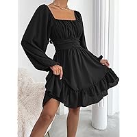 Women's Dress Dresses for Women Knot Back Lantern Sleeve Ruffle Hem Dress Dresses (Color : Black, Size : Large)