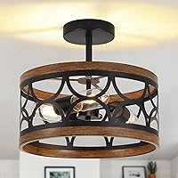 3-Light Rustic Ceiling Light Semi Flush Mount, 13‘’ Imitation Wood Paint Close to Ceiling Lamp Wood Grain Finish for Farmhouse Bedroom Living Room Dining Room Entry Hallway Foyer
