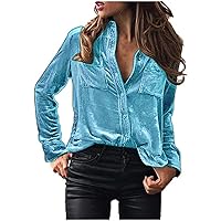 Women's Tops Vintage Velvet Long Sleeve Tunic Tees Casual Button Down V Neck T Shirt Solid Color Comfy Soft Blouse