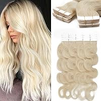 Rich Choices Tape in Hair Extensions Human Hair 20pcs 50g Balayage White Blonde 100% Remy Hair Extensions Real Human Hair Seamless Skin Weft Curly Wavy Tape in Hair Extension of 24 inch #70