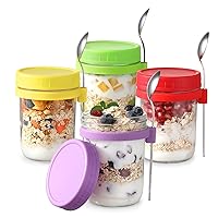 4 Pack Overnight Oats Containers with Lids and Spoons, 16 oz Glass Mason Overnight Oats Jars, Large Capacity Airtight Jars for Milk, Cereal, Fruit