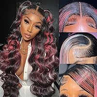 Ombre Lace Front Wig Human Hair Skunk Stripe Human Hair Wigs 13x4 Hd Lace Frontal Body Wave Highlight Pink Human Hair Wig Pink and Black Colored Wigs Human Hair 180% Density 30 Inch
