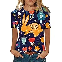 Women's 2023 Easter Printed T Shirts Spring and Summer Casual Fashion Blouse Round Neck Short Sleeve Top Tees