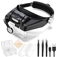 Magnifying Headset, Magnifying Glasses with Light for Close Work, 1X to 14X Rechargeable Headband Manifier, Jewelers Magnifying Glass Visor Loupe with 5 Lenses, Tweezers for Crafts Hobby
