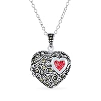 Personalized Butterfly Marcasite Pink CZ Red Garnet Vintage Antiqued Style Filigree Aromatherapy Perfume Diffuser Heart Shape Locket Necklace For Women Rose Gold .925 Sterling Silver Customizable