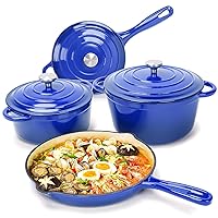 Hisencn Enameled Cast Iron Cookware Set - 7 Piece Set of Dutch Ovens, Sauce Pan, Skillet, 3 Lids, Dutch Oven Set, Ceramic Nonstick Coated, Heavy Duty, Gas/Induction Compatible, PFA Free, Biscay Blue
