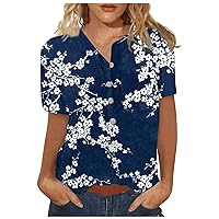 Womens Flower Print Henley Linen Short Sleeve Tops Summer Dressy Button Pullover Casual Loose Fit Tunic T-Shirts