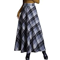 Flygo Women's Winter Warm Wool Plaid A-Line Pleated Maxi Long Skirt Back Elastic