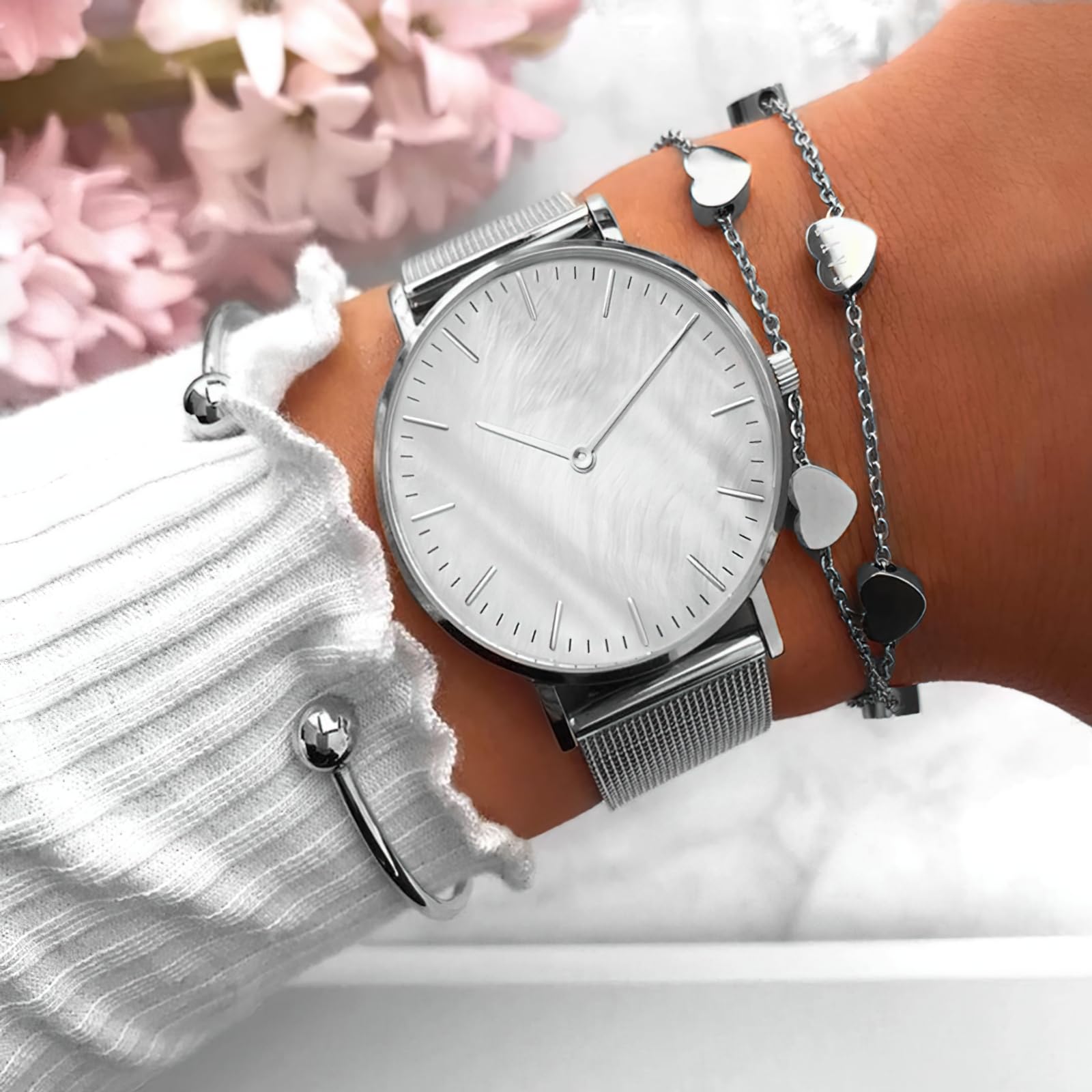 Wrist Watch for Women, Marble Design Style Quartz Analog Women's Watch with Stainless Stell Mesh Strap