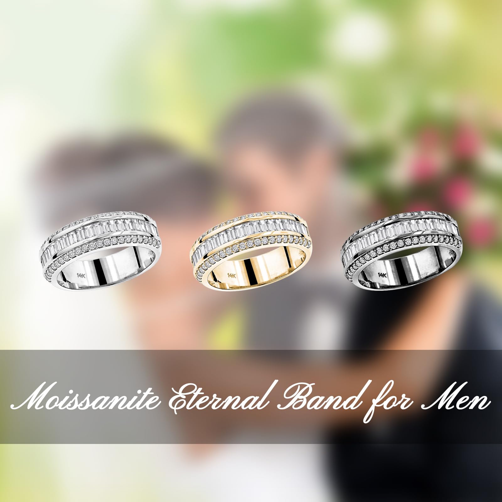 MRENITE 10K 14K 18K Gold Men's Moissanite Eternity Rings Wedding Band Size 5 to 15 Engrave Name Birthday Anniversary Luxury Jewelry Gifts for Him
