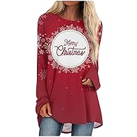 Women's Christmas Tops Fashion Casual T-Shirt Printed Round Neck Mid Length Top, S-3XL