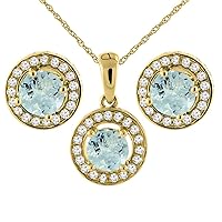 Sabrina Silver 14K Yellow Gold Natural Aquamarine Earrings and Pendant Set with Diamond Halo Round 5 mm