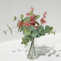Mingfuxin Faux Flowers in Vase, Fake Plants Eucalyptus Leaves Fruit Flower with Glass Vase, Flower Arrangements Artificial Centerpiece for Home Office Decor