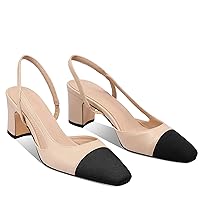 LauraVicci Heeled Slingback Pumps Two Toned Splicing Closed Round Toe Chunky Block Heels Sandals Slip On Office Party Fashion Shoes