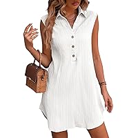 CUPSHE Women's Collared V Neck Dress Sleeveless Front Buttons A Line Curved Hem Mini Summer Dresses