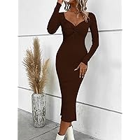 TLULY Sweater Dress for Women Sweetheart Neck Twist Front Bodycon Sweater Dress Sweater Dress for Women (Color : Chocolate Brown, Size : X-Small)